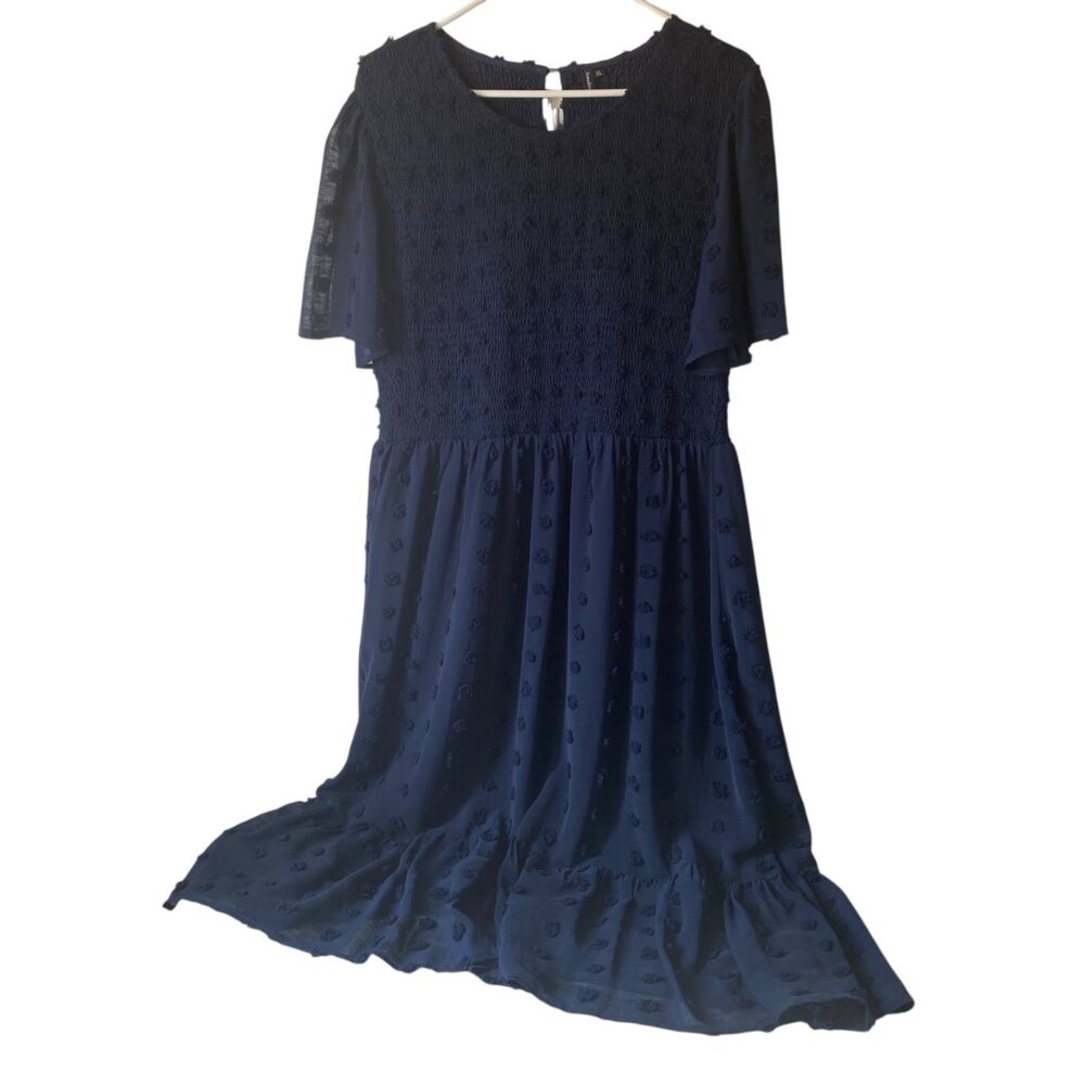 Annebouti Navy Dress‎ Swiss Dot Flare Sleeve Flowy Smocked Bodice Ruffle Hem XL